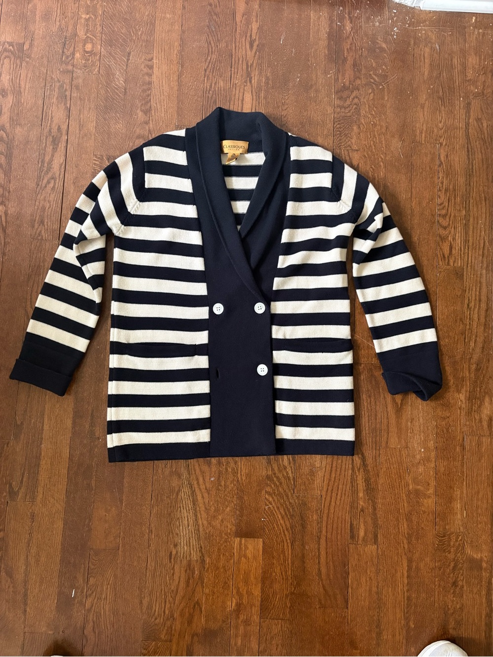 Classiques Entier Navy and Cream Striped Shawl Collar Cardigan